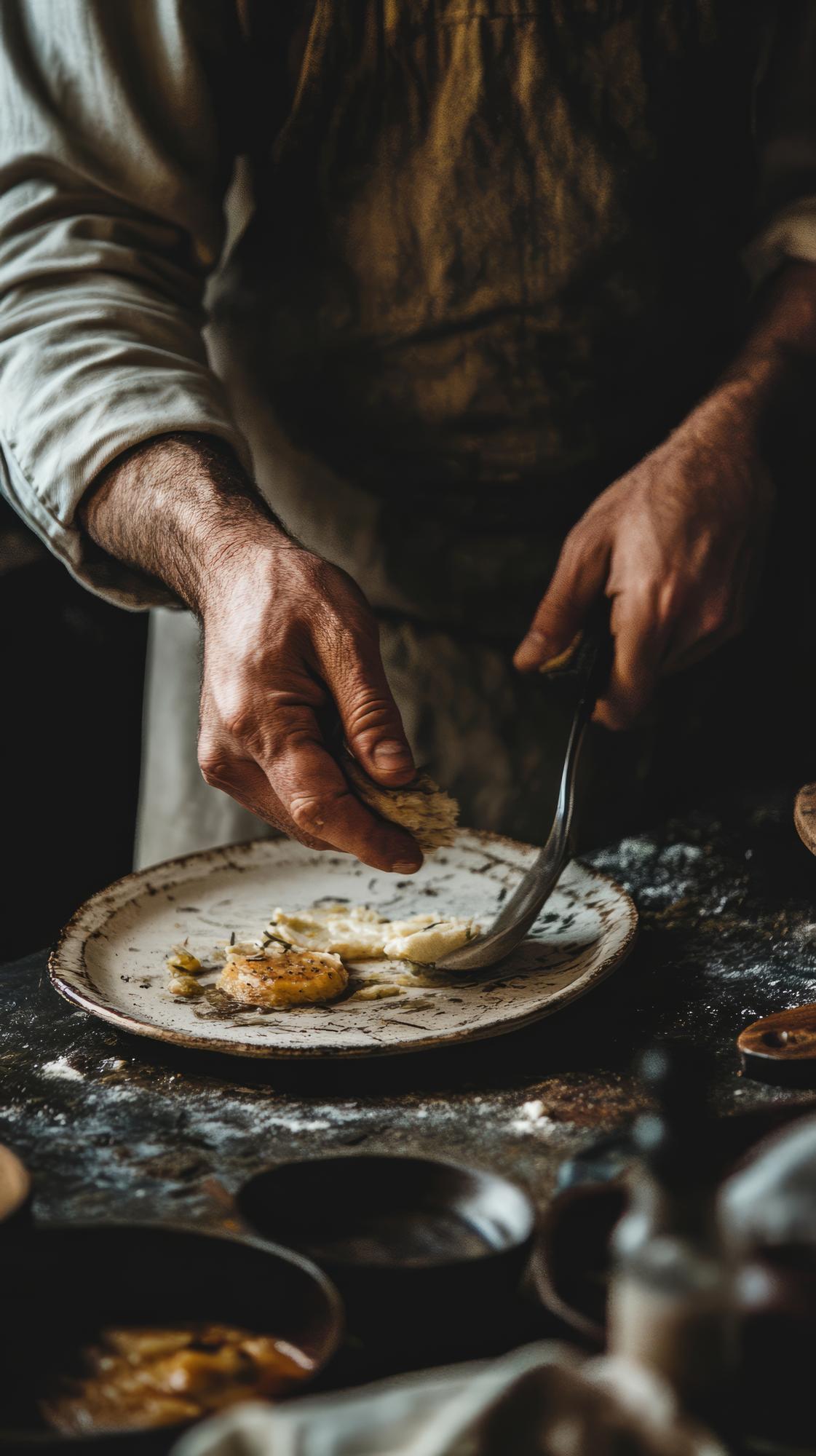 Instructor plating a rustic dish in a sunlit kitchen